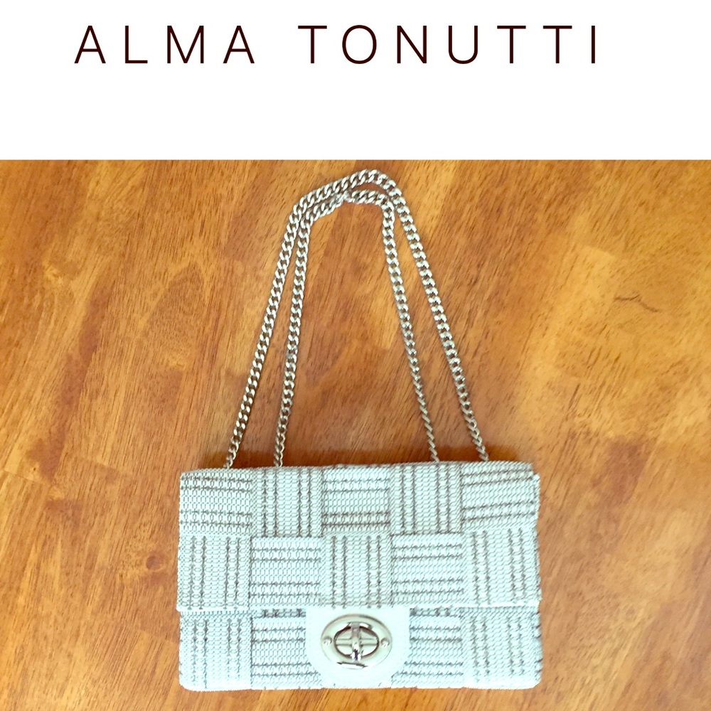 ALMA TONUTTI white and silver cloth woven handbag